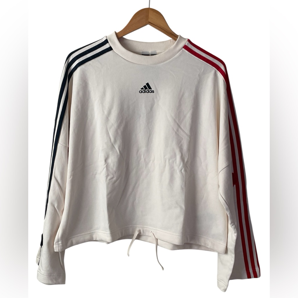 Adidas Cream Three Stripes Oversized Boxy Cropped Top